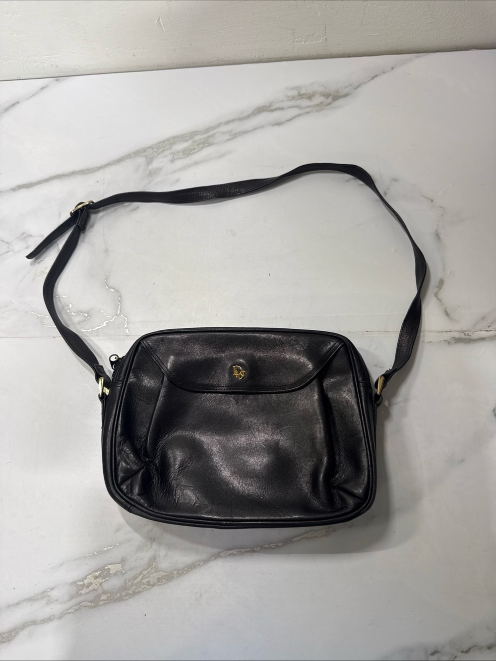 Christian Dior Black Leather Shoulder Bag Vintage Logo Gold Hardware